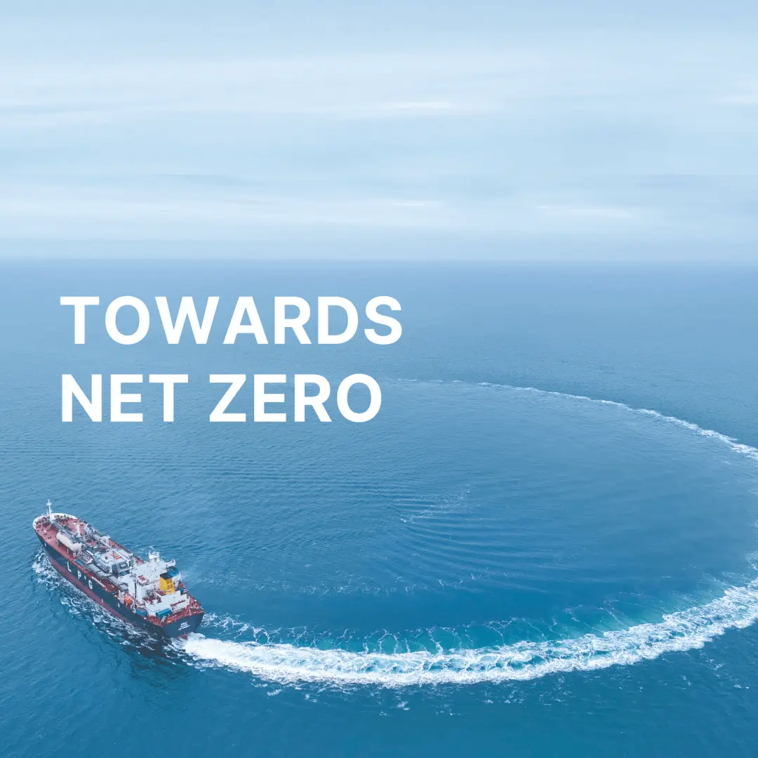 A large LPG carrier sailing with “TOWARDS NET ZERO” exemplifying Synergy Marine Group’s climate action and sustainable shipping practices