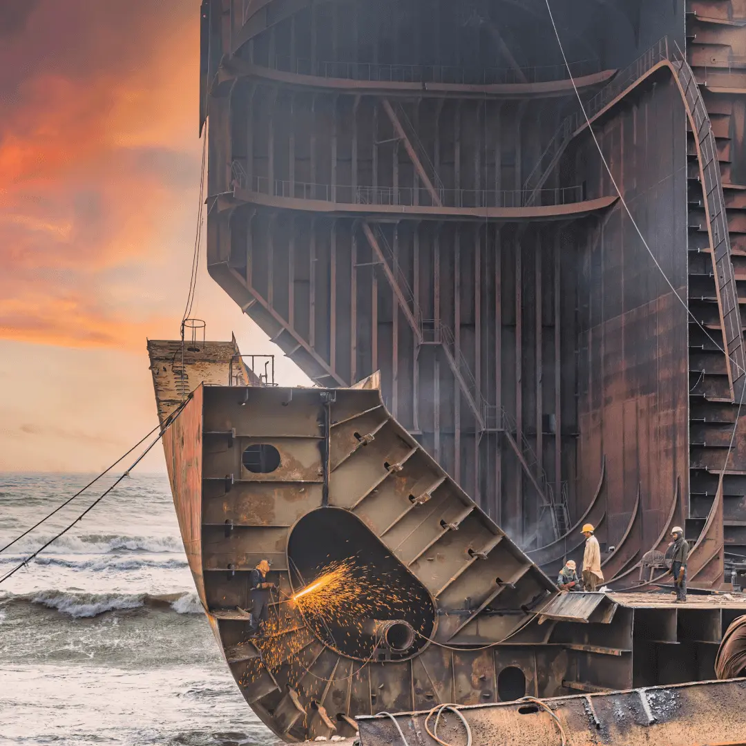 Partial view of a ship being dismantled during sunset highlighting Synergy Marine Group’s Ship Recycling services