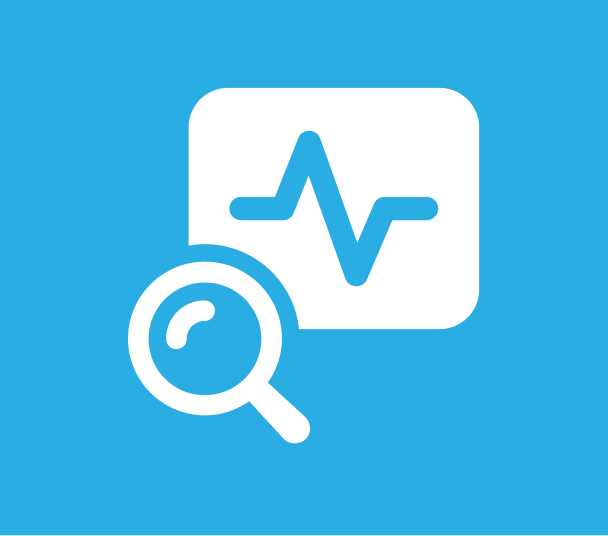 Blue and white icon featuring a magnifying glass over a line chart representing data analysis.