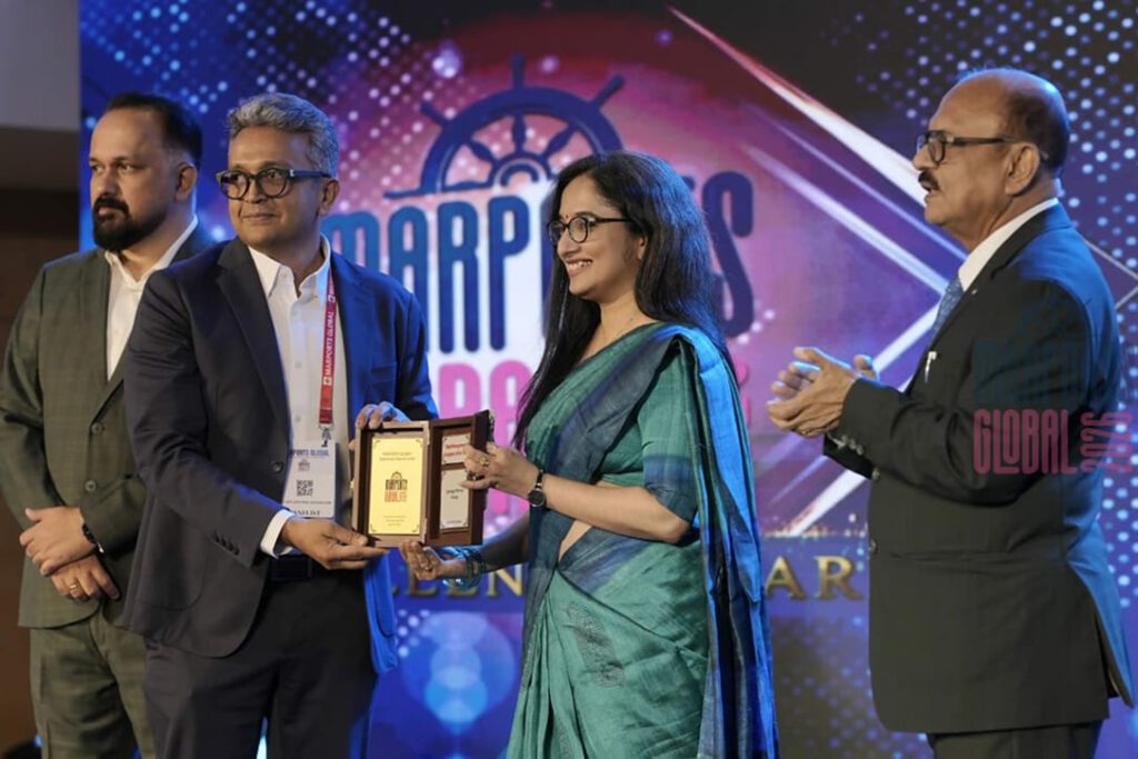 Synergy Marine Group representative Govind Azhakath receiving the “Ship Management Company of the Year” award at the Marports Global Conference & Excellence Awards 2026 in Thiruvananthapuram, India