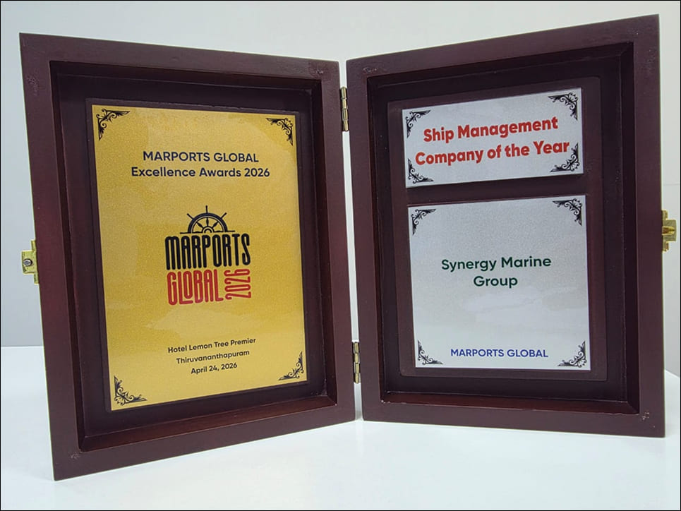 Close-up of the “Ship Management Company of the Year” award presented to Synergy Marine Group at the Marports Global Excellence Awards 2026, held in Thiruvananthapuram, India, displaying the official recognition plaque.