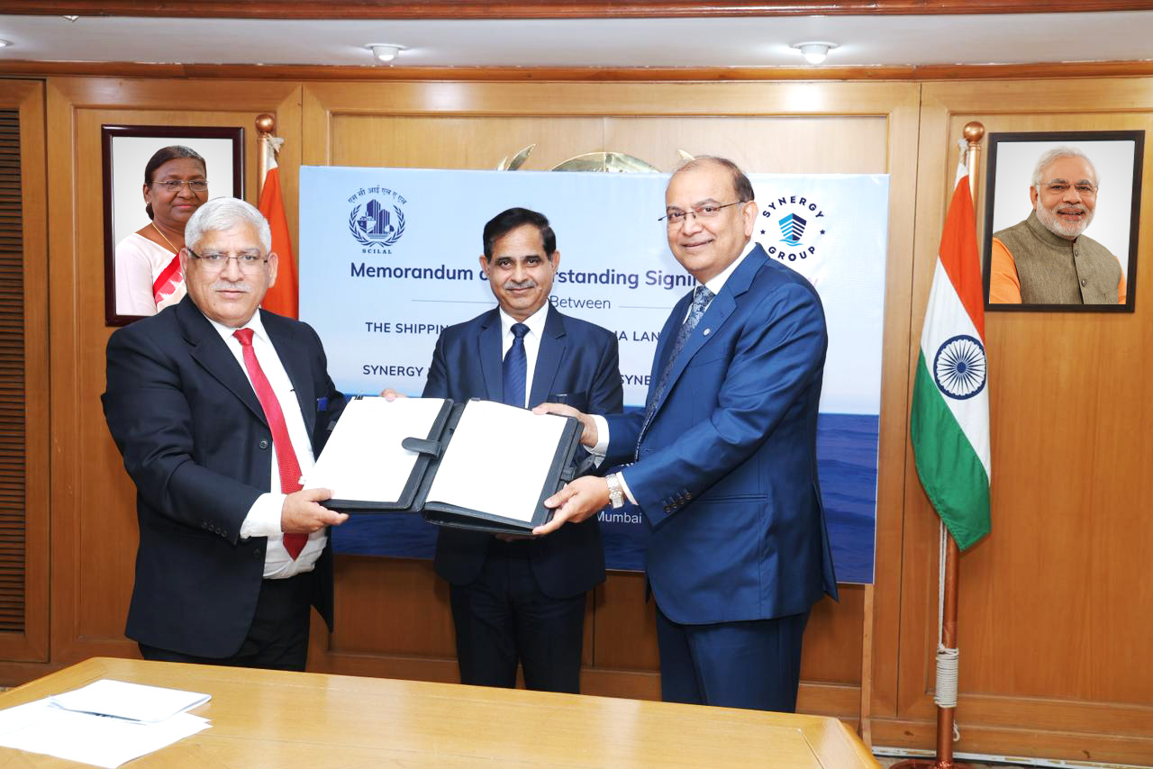 Captain Som Raj, Shipping Corporation of India; Capt. B. K. Tyagi, Chairman and Managing Director, SCILAL and The Shipping Corporation of India Ltd; and Ajay Chaudhry, CEO – Ship Management, Synergy Marine Group, at the Memorandum of Understanding signing ceremony in Mumbai.