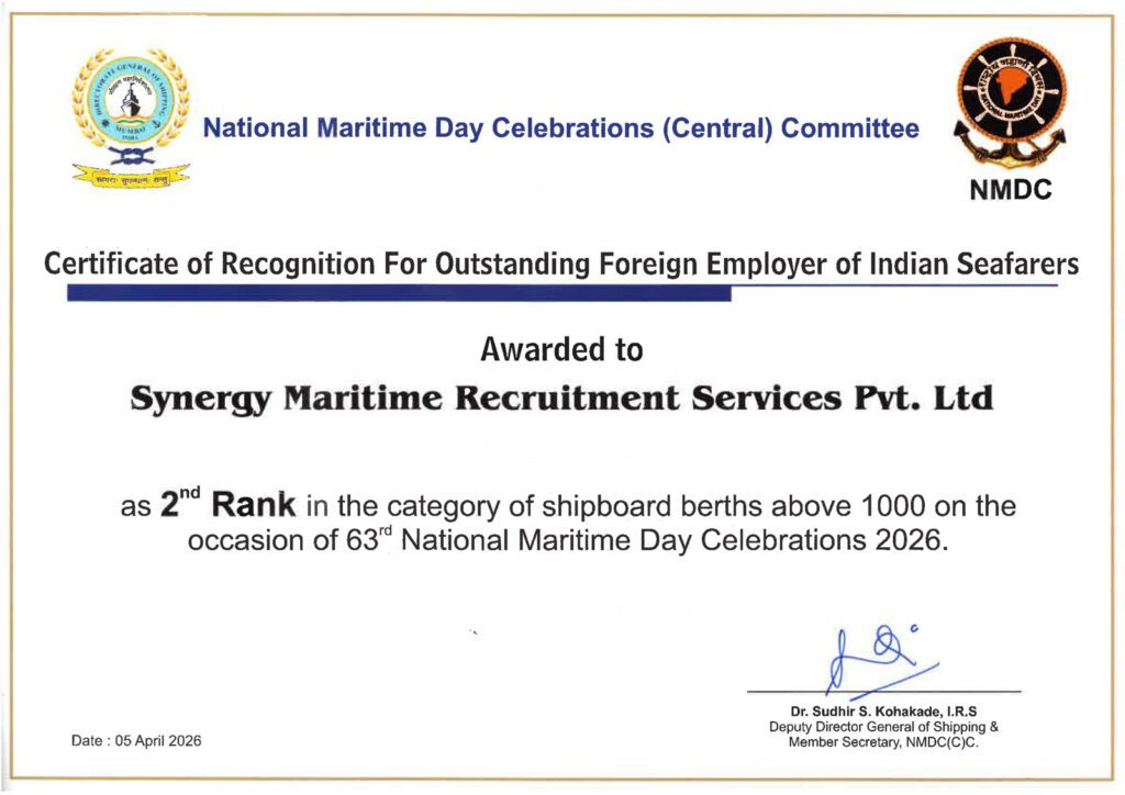 Certificate of Recognition for Outstanding Foreign Employer of Indian Seafarers, awarded to Synergy Maritime Recruitment Services, by the National Maritime Day Celebrations Committee.